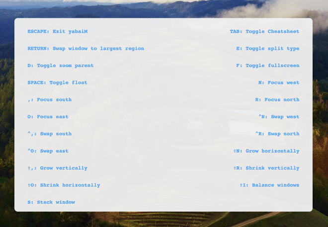 yabai cheatsheet